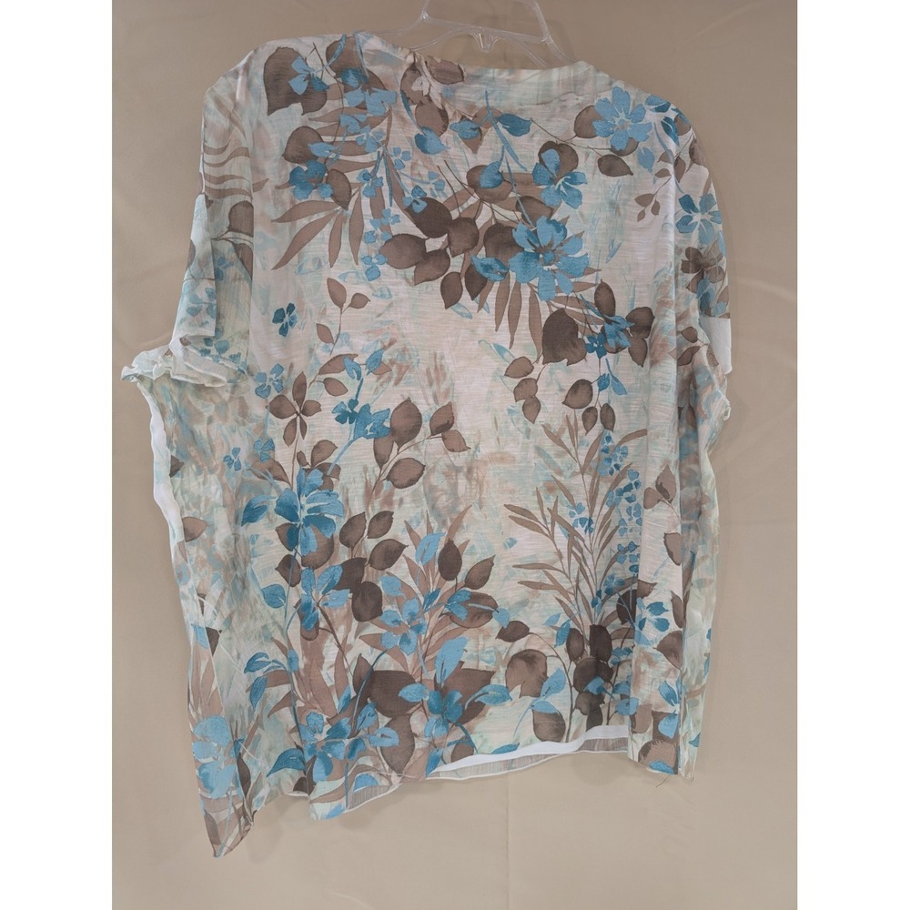 SAMANTHA GREY XL‎ Floral Top Blue Brown Sheer Layered Short Sleeve Shirt - Picture 2 of 4